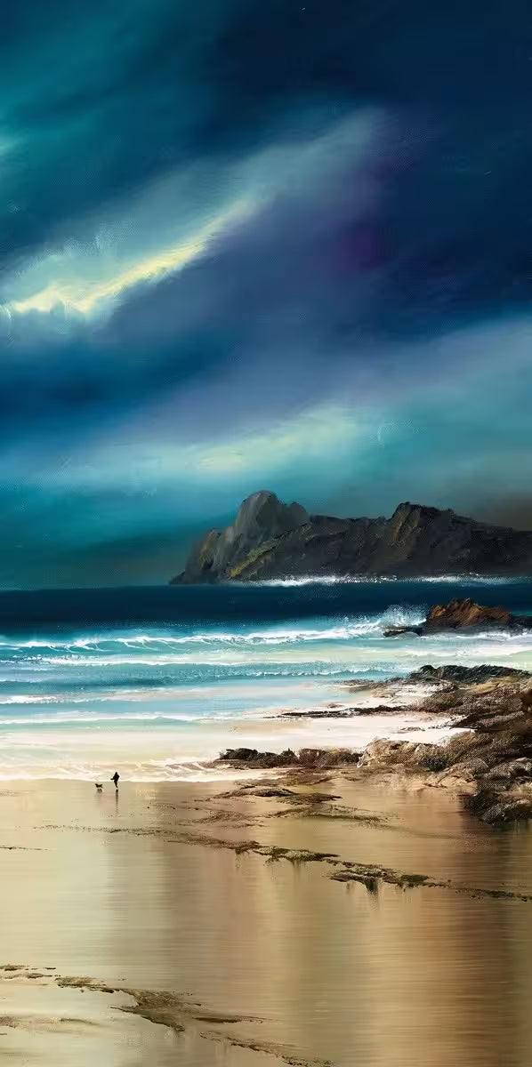 A Philip Gray limited edition of a deep navy and turquoise sky and sea against a golden sandy shoreline, the title is Quiet Shores II