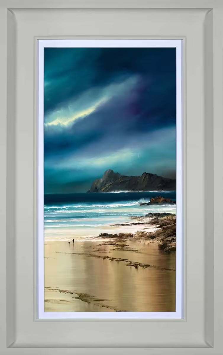 A Philip Gray framed limited edition of a deep navy and turquoise sky and sea against a golden sandy shoreline, the title is Quiet Shores II