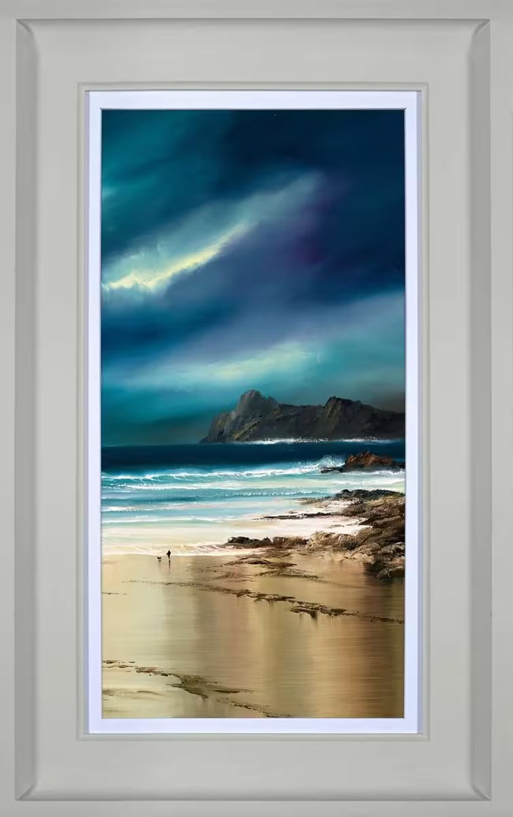 A Philip Gray framed limited edition of a deep navy and turquoise sky and sea against a golden sandy shoreline, the title is Quiet Shores II