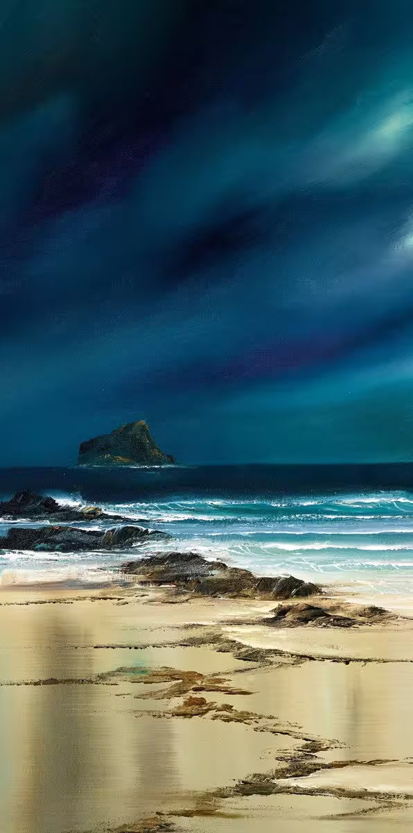 A Philip Gray limited edition of a deep navy and turquoise sky and sea against a golden sandy shoreline, the title is Quiet Shores I 