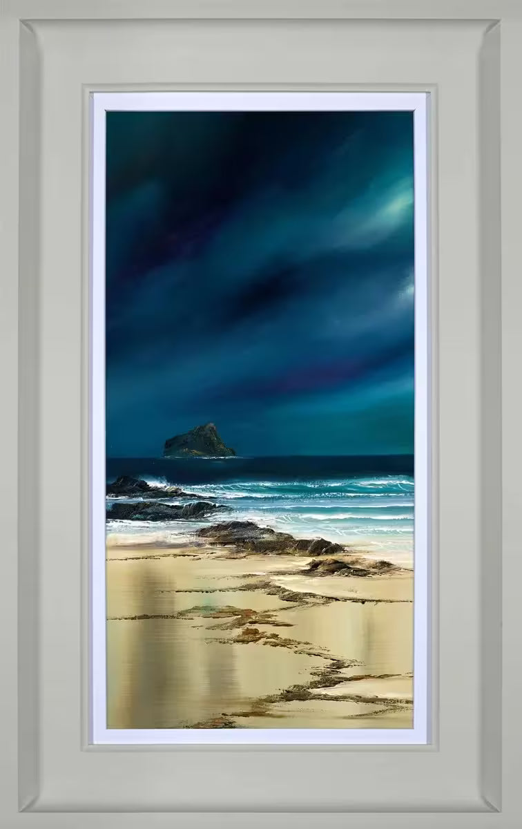 A Philip Gray framed limited edition of a deep navy and turquoise sky and sea against a golden sandy shoreline, the title is Quiet Shores I 