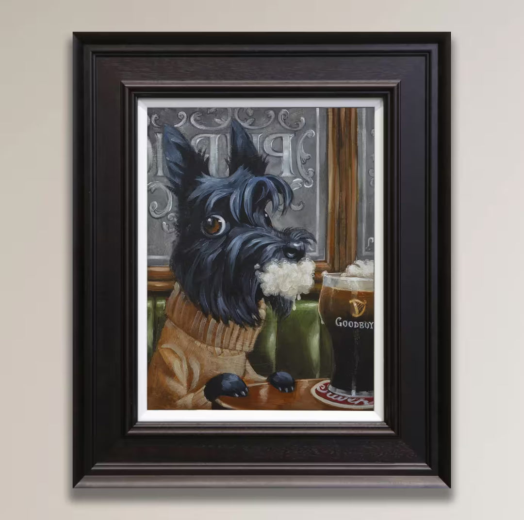 A Craig Davison limited edition piece of a dog in a sweater drinking a beer with foam round it mouth, the title is Rabid... Goodness No!