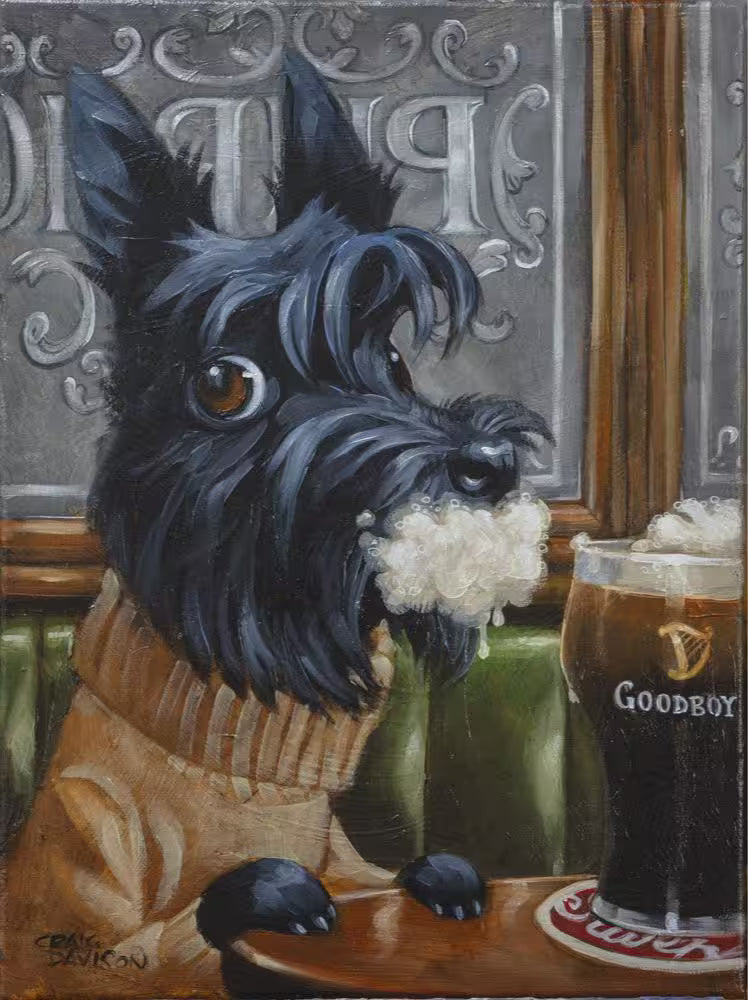 A Craig Davison limited edition piece of a dog in a sweater drinking a beer with foam round it mouth, the title is Rabid... Goodness No!