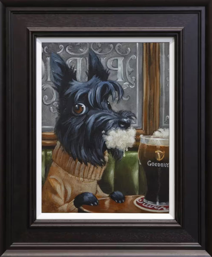 A Craig Davison limited edition piece of a dog in a sweater drinking a beer with foam round it mouth, the title is Rabid... Goodness No!