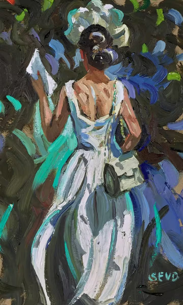 A Sherree Valentine Daines original of a lady in a white dress and blue tones around her, the title is Race Day Elegance