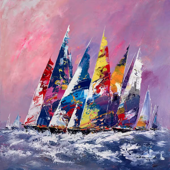 A Bernard original piece of his sailing boats against a pink sky, the title is Racing The Tide