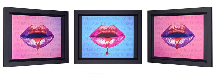 A Maxim framed limited edition lenticular of lips with a heart dripping from them, the title is Read My Lips