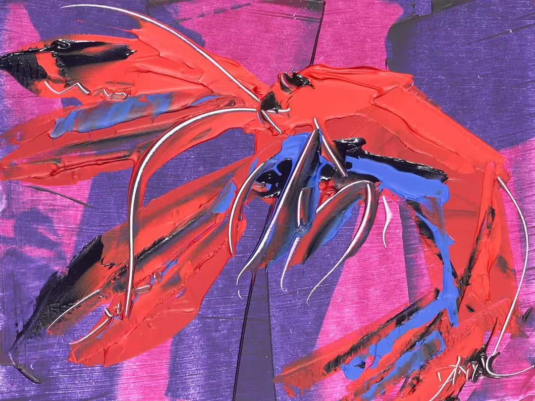 A Duncan MacGregor original abstract painting of a lobster, the title is Red Lobster III