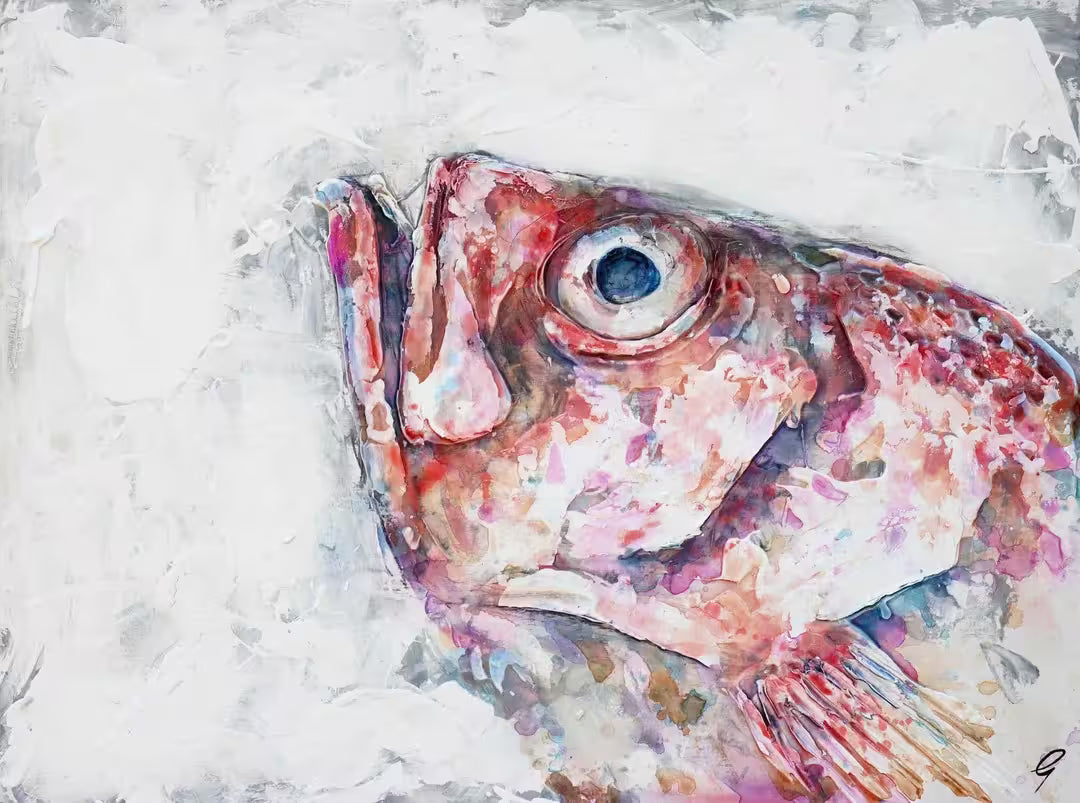 A Giles Ward original of a red snapper on ice, the title is Red Snapper on Ice
