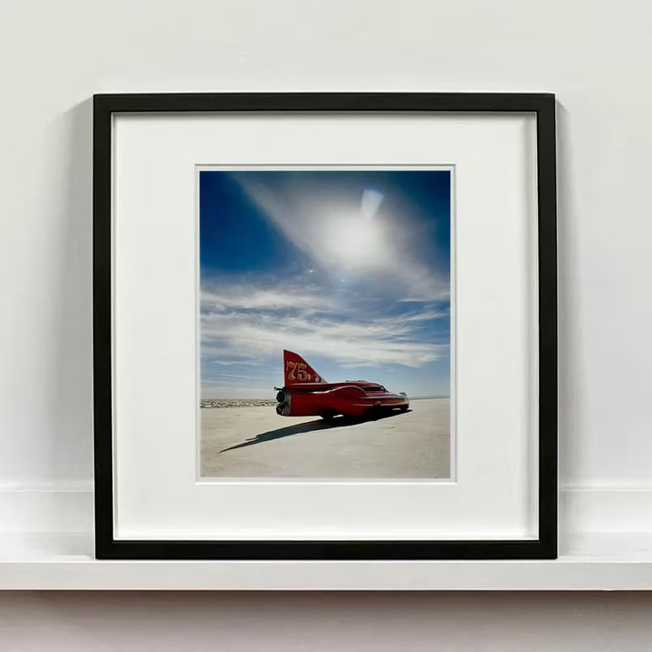 A framed limited edition photograph by Richard Heeps using vibrant colours, the title is Rear Three Quarters, Bonneville, 2003