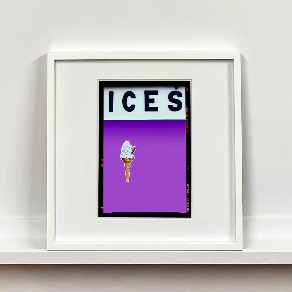 A white framed limited edition photograph by Richard Heeps using vibrant colours, the title is Ices (Lilac)