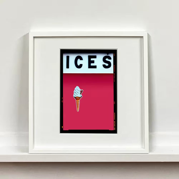 A white framed limited edition photograph by Richard Heeps using vibrant colours, the title is Ices (Raspberry)