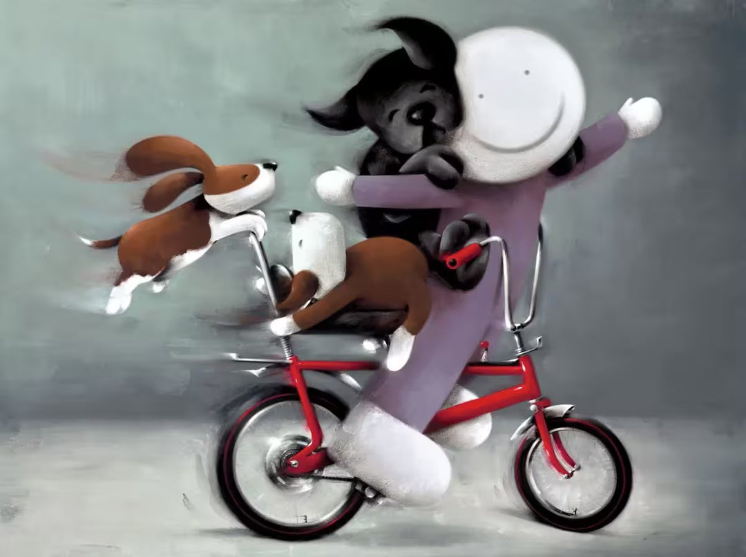 A Doug Hyde limited edition of a person in purple on a red bike with a black dog on their back and two brown dogs holding onto the bike, the title is Riding High