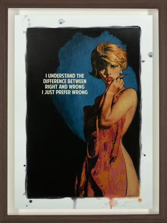 A limited edition framed print by The Connor Brothers of a lady in a dramatic pose with a witty line above her, the title is Right and Wrong