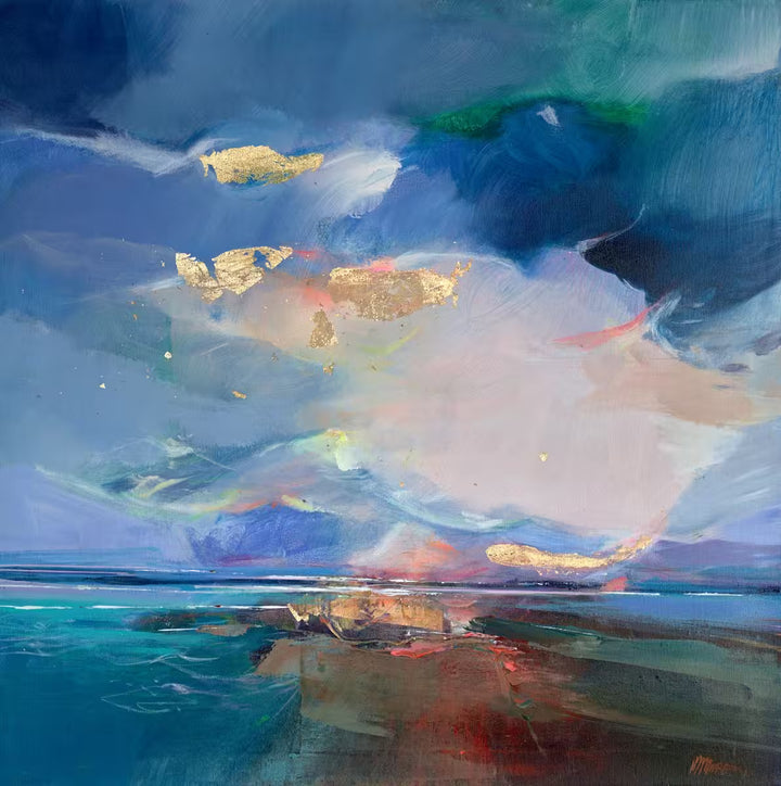 Abstract painting of a landscape with blue, green, and gold colours. Rising Light by Magdelana Morey
