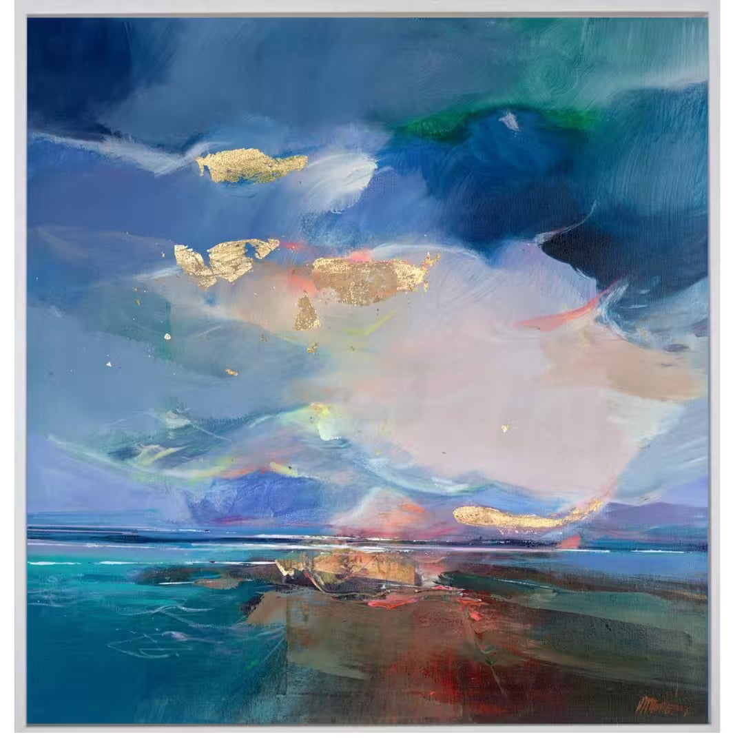 Abstract painting with blue, gold, and multicolor tones, Rising Light II by Magdalena Morey
