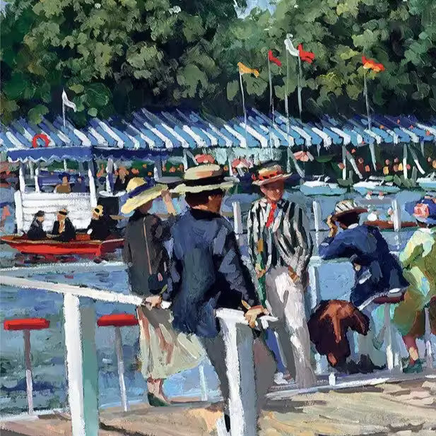 A Sherree Valentine Daines limited edition of a well dressed group resting against a river, the title is Riverside Regatta 