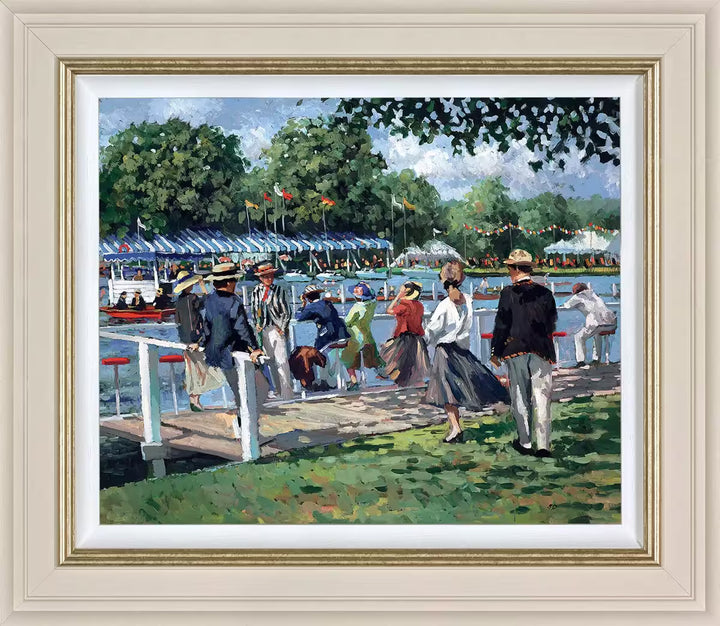 A Sherree Valentine Daines framed limited edition of a well dressed group resting against a river, the title is Riverside Regatta 