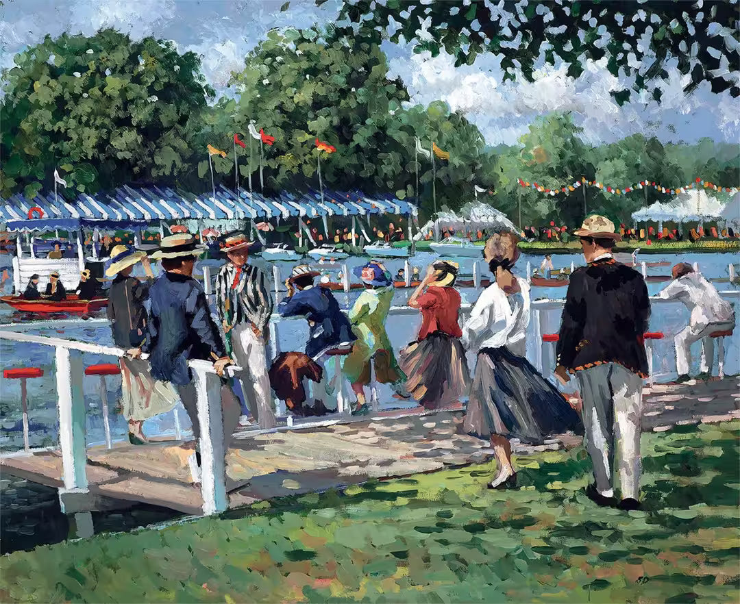 A Sherree Valentine Daines limited edition of a well dressed group resting against a river, the title is Riverside Regatta 