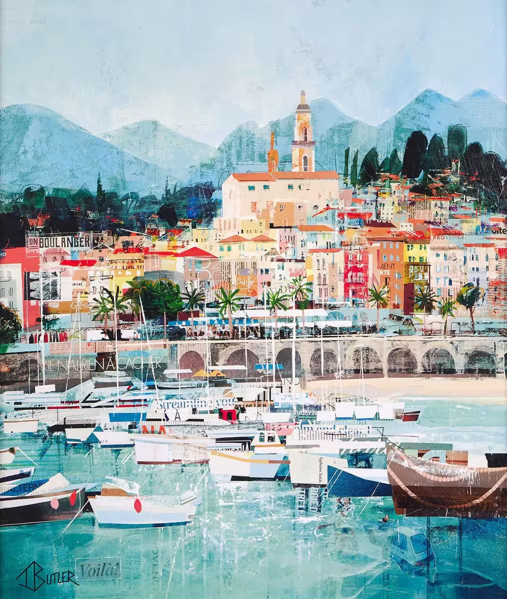 A Tom Butler limited edition of a riviera with boats and bright buildings, the title is Riviera Way