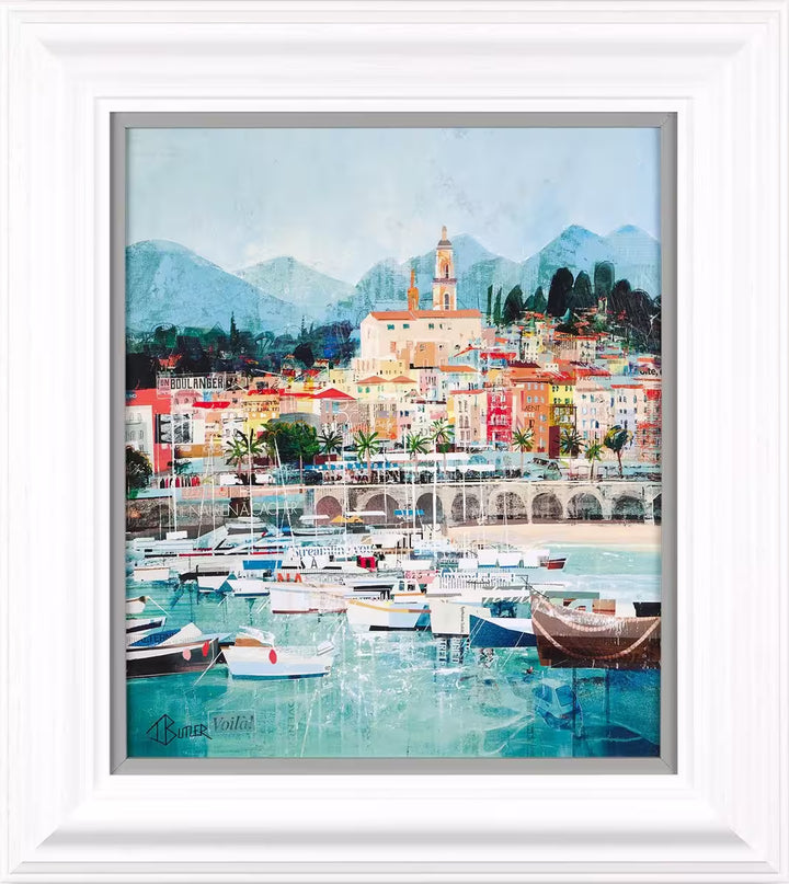 A Tom Butler limited edition of a riviera with boats and bright buildings, the title is Riviera Way