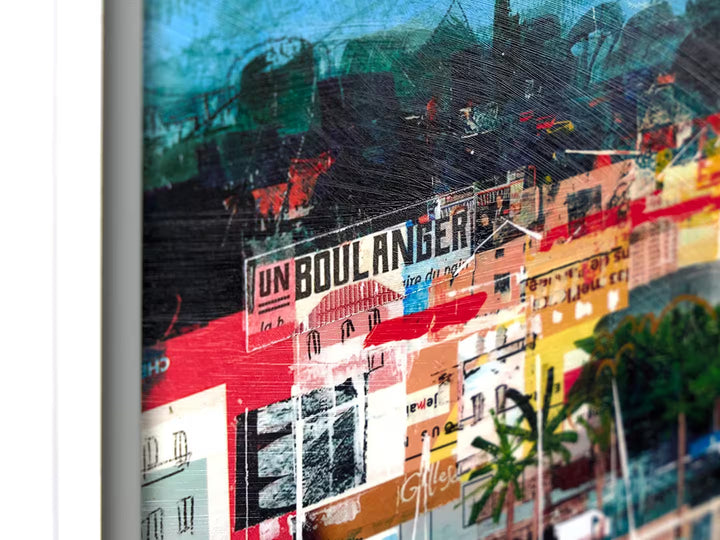 A Tom Butler limited edition of a riviera with boats and bright buildings, the title is Riviera Way
