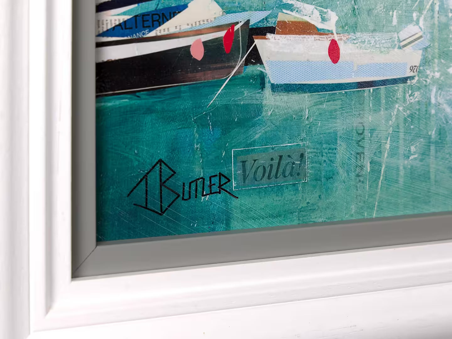 A Tom Butler limited edition of a riviera with boats and bright buildings, the title is Riviera Way