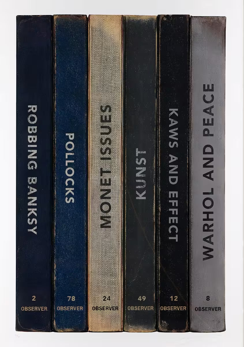 Six books with titles and authors on a white background, Art title Robbing Banksy by the Connor Brothers