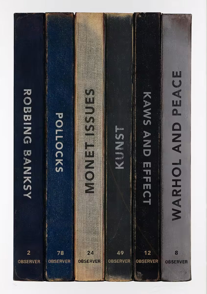 Six books with titles and authors on a white background, Art title Robbing Banksy by the Connor Brothers