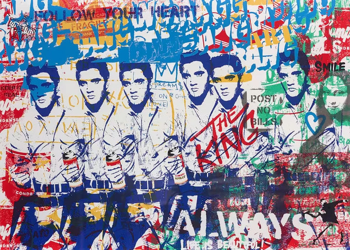 A Mr Brainwash limited edition of a graffitied background with Elvis spray painted across, the title is Rock &amp; Roll
