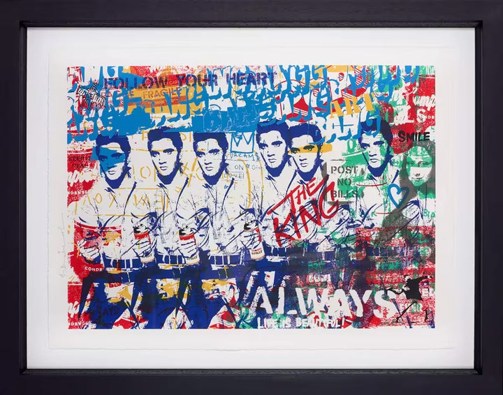 A Mr Brainwash framed limited edition of a graffitied background with Elvis spray painted across, the title is Rock &amp; Roll