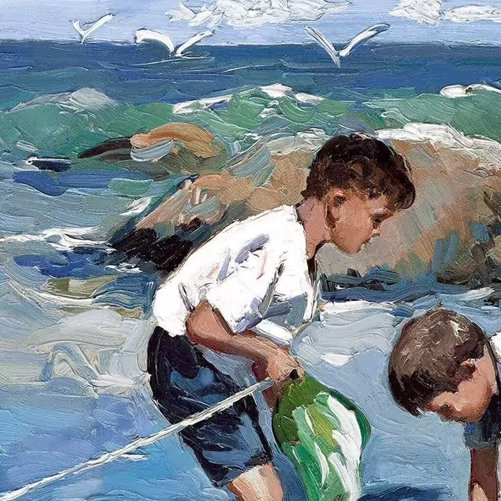 A Sherree Valentine Daines limited edition of two young boys in a rockpool, the title is Rockpool Treasures