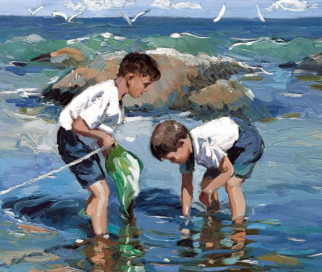 A Sherree Valentine Daines limited edition of two young boys in a rockpool, the title is Rockpool Treasures