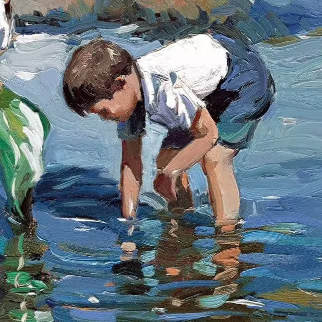 A Sherree Valentine Daines limited edition of two young boys in a rockpool, the title is Rockpool Treasures