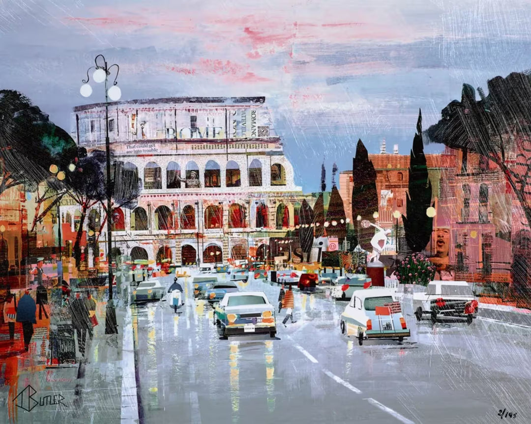 A Tom Butler limited edition collage of the Colosseum, Rome, with cars driving down the road towards it, the title is Rome Sweet Rome
