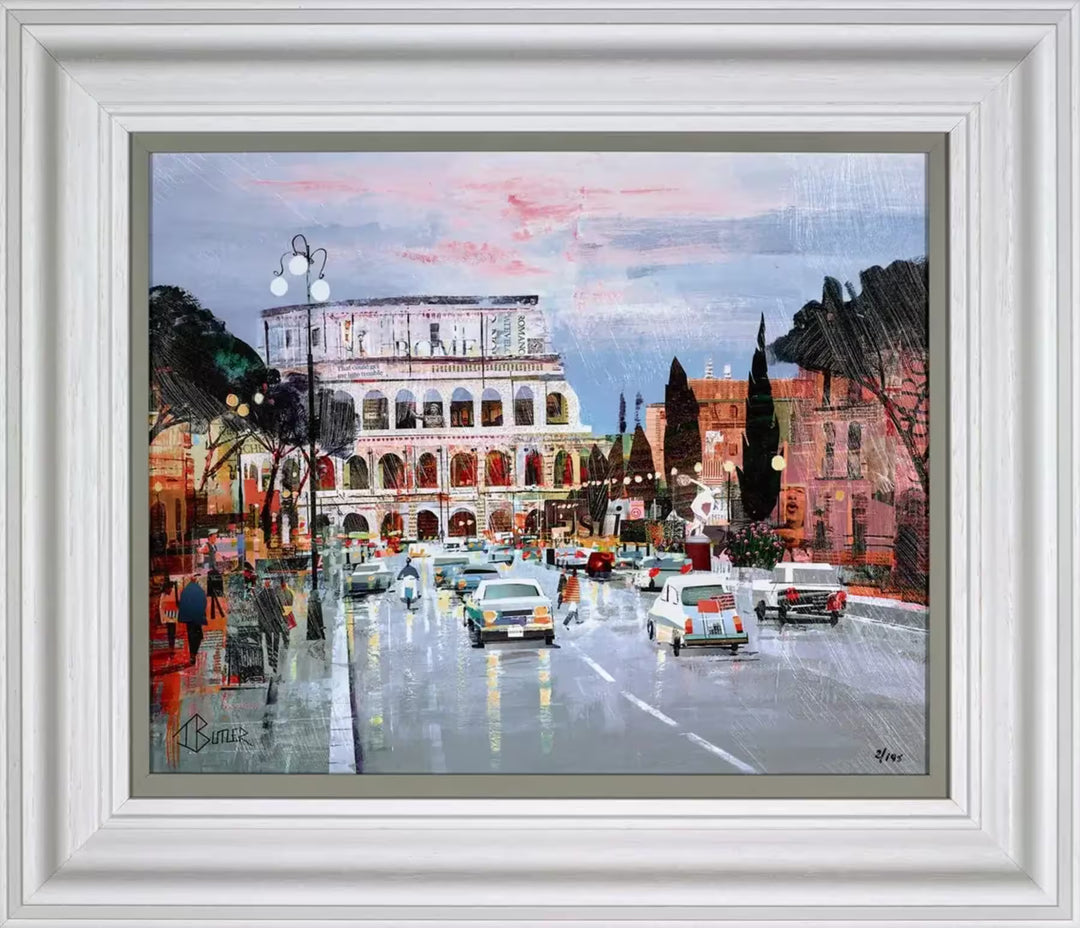 A Tom Butler framed limited edition collage of the Colosseum, Rome, with cars driving down the road towards it, the title is Rome Sweet Rome