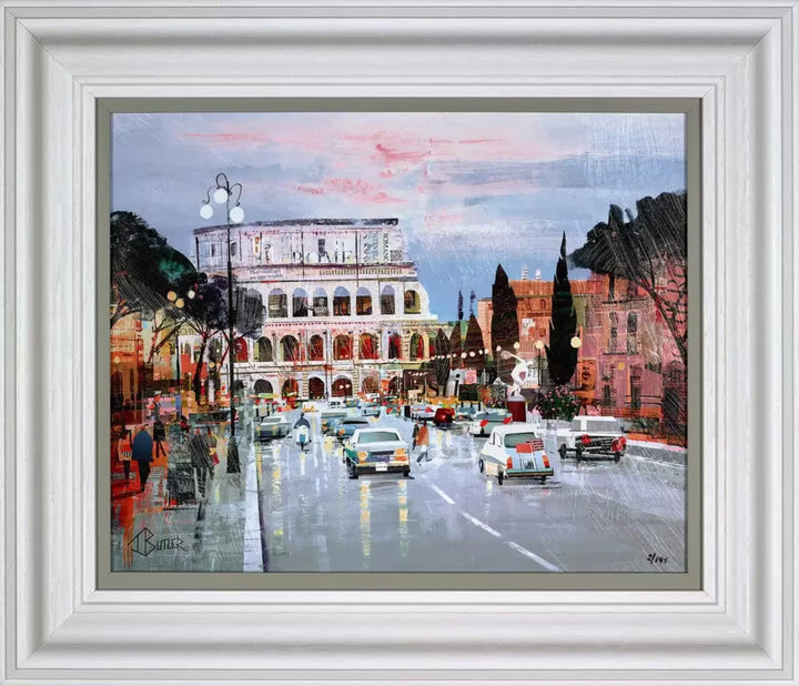 A Tom Butler framed limited edition collage of the Colosseum, Rome, with cars driving down the road towards it, the title is Rome Sweet Rome