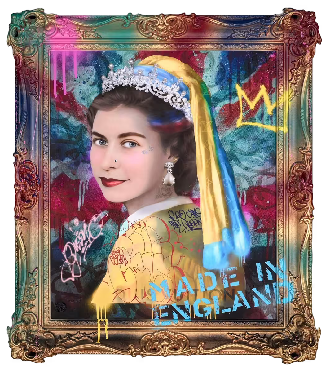 A Dan Pearce limited edition portrait of the queen in the style of the girl with the pearl earring in a pop art style, the title is Royal Gem