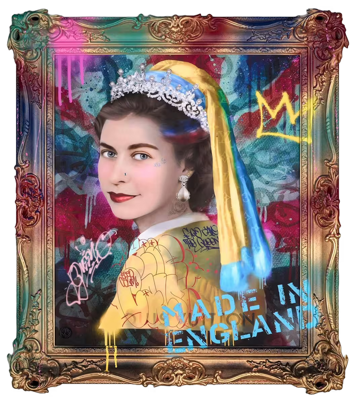 A Dan Pearce limited edition portrait of the queen in the style of the girl with the pearl earring in a pop art style, the title is Royal Gem