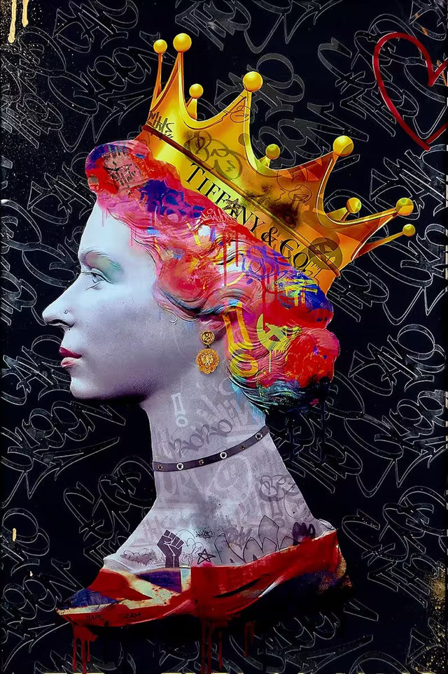 A Dan Pearce limited edition mixed media piece of Queen Elizabeth II portrait with grafitti and added symbolism, the title is Royal Reflection