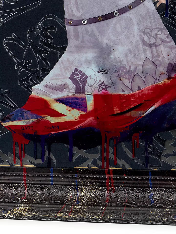 A Dan Pearce limited edition mixed media piece of Queen Elizabeth II portrait with grafitti and added symbolism, the title is Royal Reflection