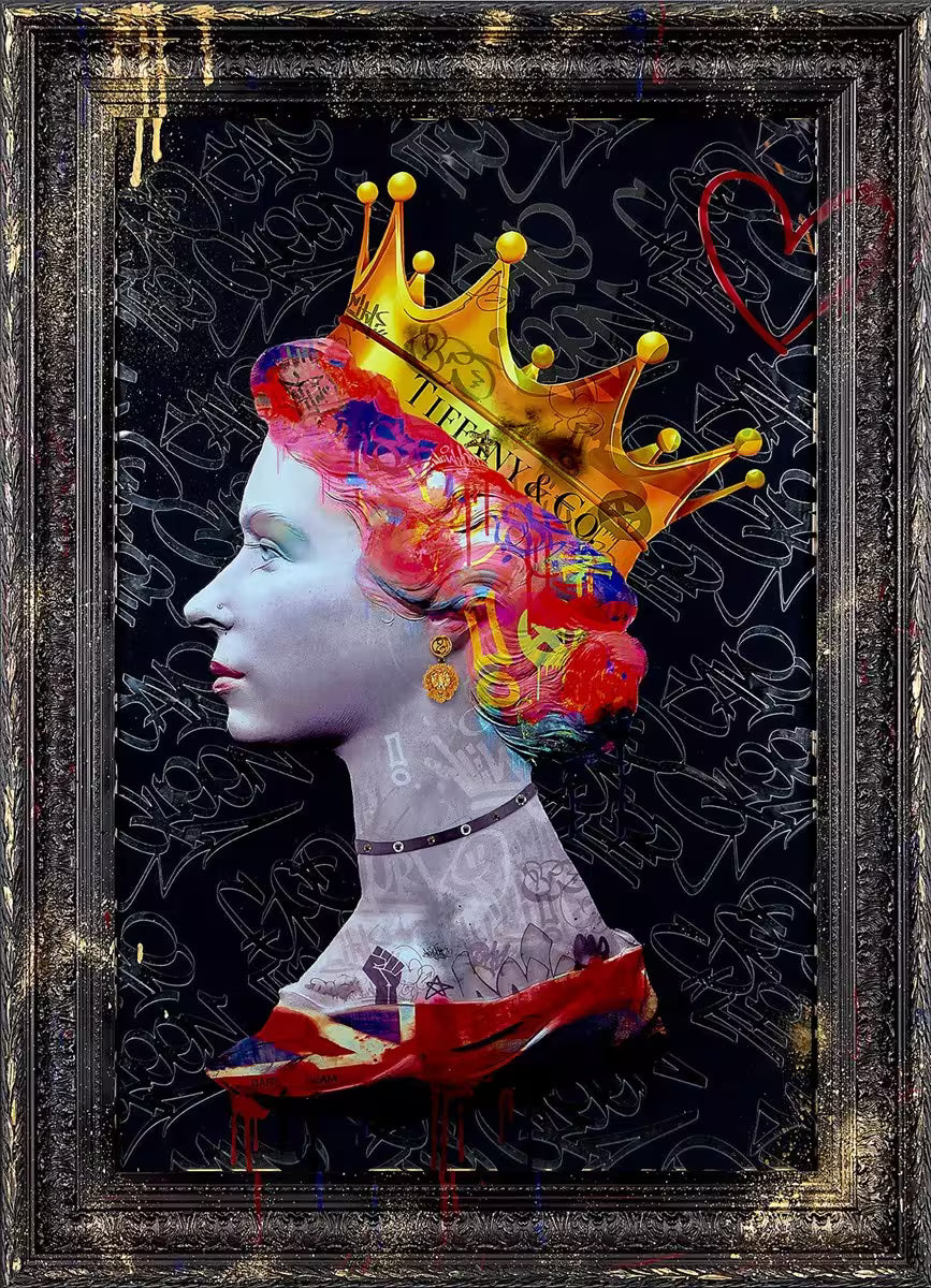 A Dan Pearce limited edition mixed media piece of Queen Elizabeth II portrait with grafitti and added symbolism, the title is Royal Reflection