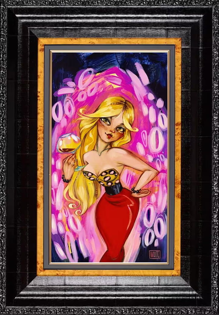 A Todd White framed limited edition of a blonde women in a patterned dress with a pink patterned background, the title is Running Circles