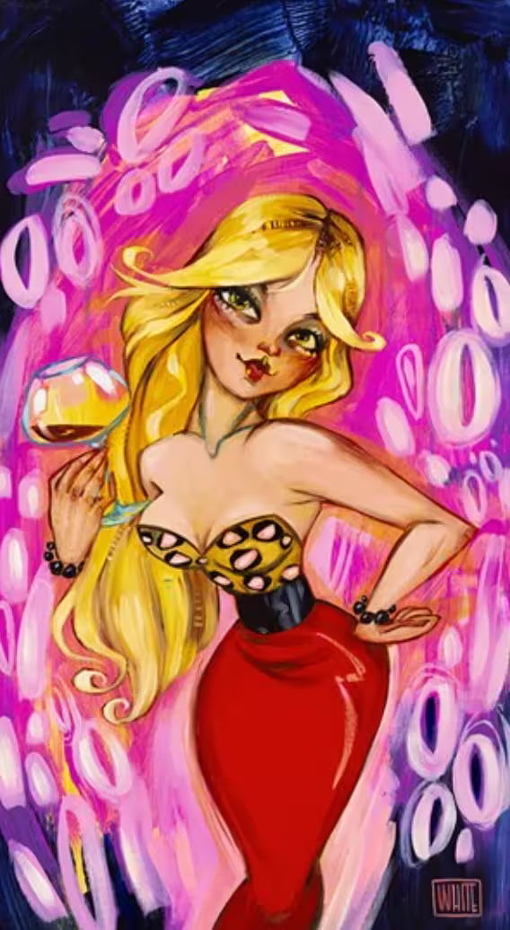 A Todd White limited edition of a blonde women in a patterned dress with a pink patterned background, the title is Running Circles