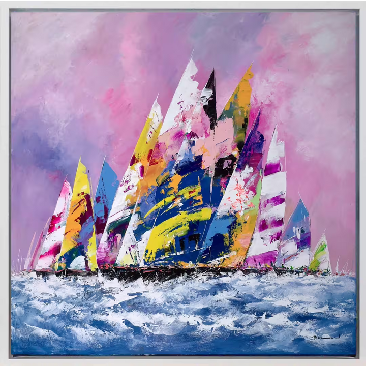 A Bernard original painting of colourful sailing boats on choppy waters against a pink and purple sky, the title is Sailing in Summer III
