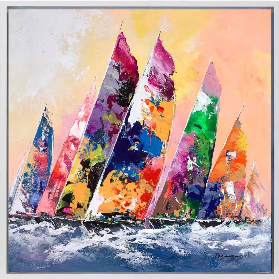 A Bernard original of colourful sailing boats against a yellow sunny background, the title is Sailing in Sunshine III 