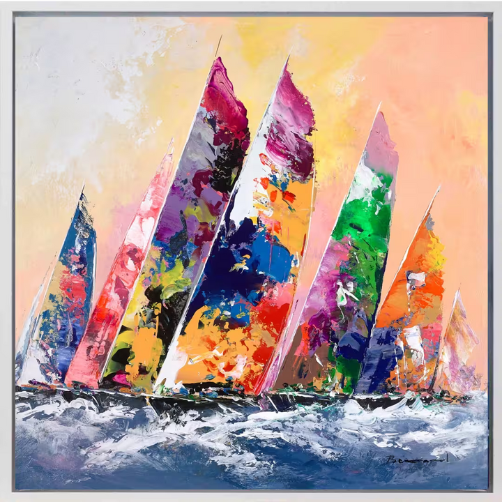 A Bernard original of colourful sailing boats against a yellow sunny background, the title is Sailing in Sunshine III 