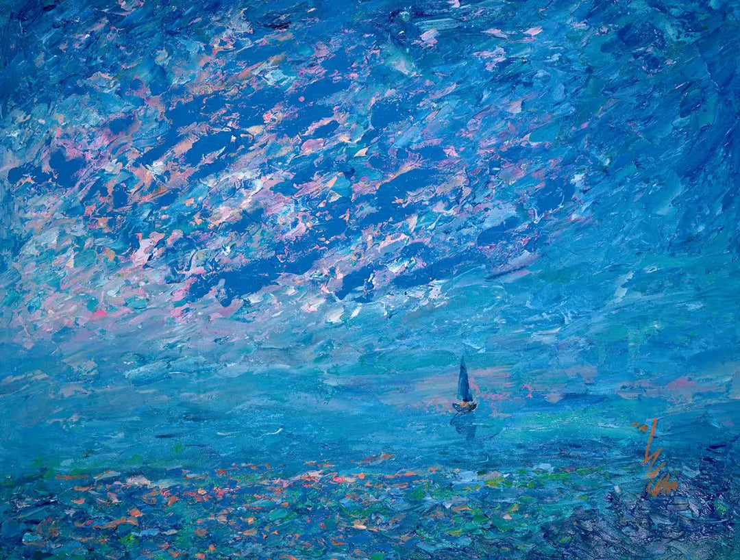 Abstract painting with blue and purple hues and a small sailboat, titled Sailing Serenity II by Inam