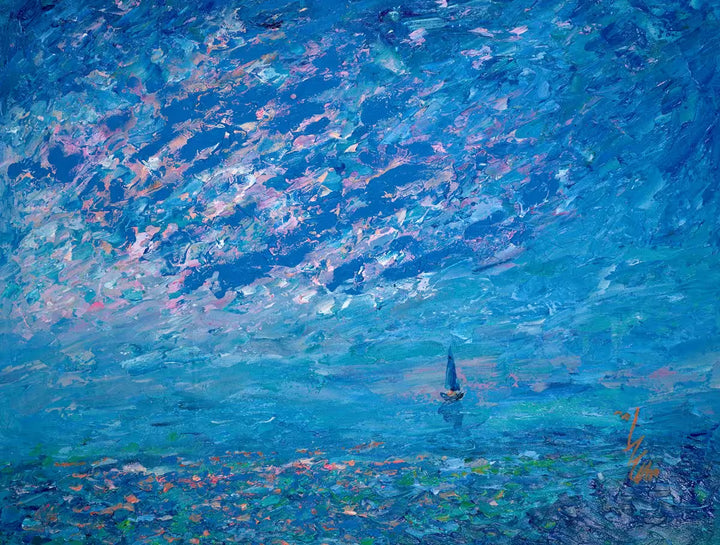 Abstract painting with blue and purple hues and a small sailboat, titled Sailing Serenity II by Inam