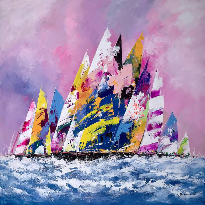 A Bernard original painting of colourful sailing boats on choppy waters against a pink and purple sky, the title is Sailing in Summer III